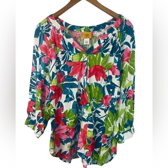 Ruby Rd linen blend tropical print blouse. Bright and loose fitting. Womens L - Picture 1 of 4
